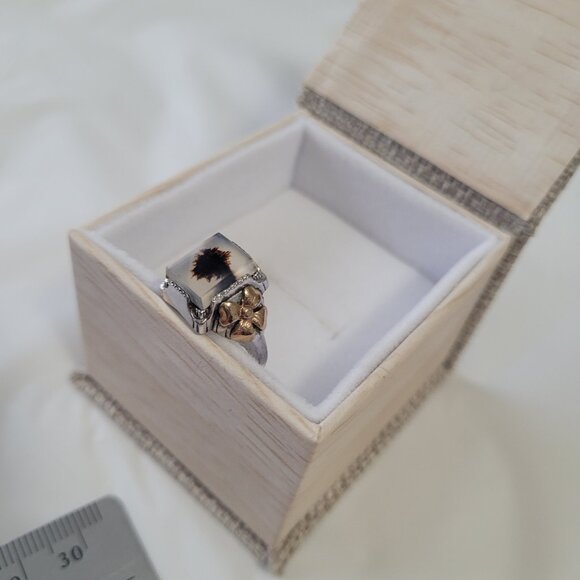 Moss Agate Sterling Silver & Gold Flowers Ring Vintage Ostby Barton Size 6 - Picture 4 of 15